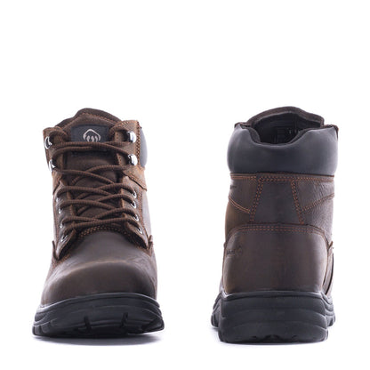 Brown men's lace-up boot front and heel views with padded lining and black outsole
