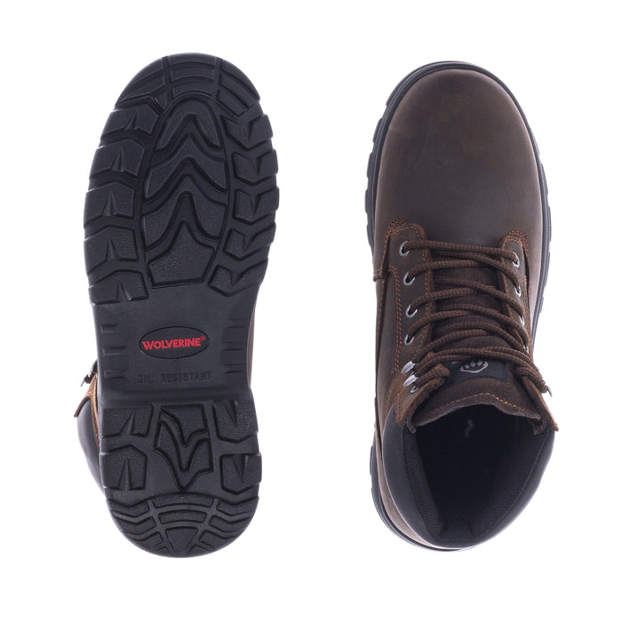 Brown men's boot with outsole and inner side view, showing dark rubber traction tread