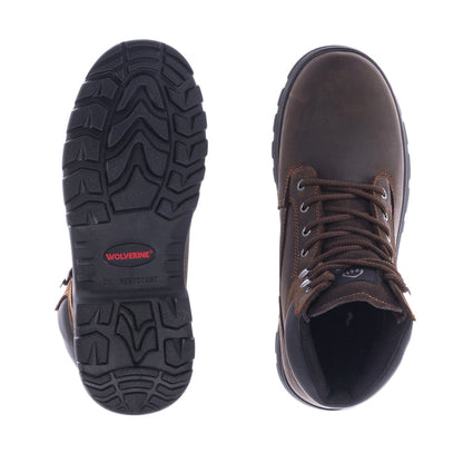 Brown men's boot with outsole and inner side view, showing dark rubber traction tread