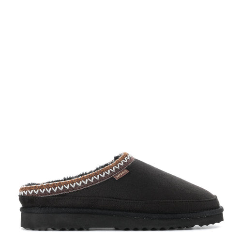 Women’s black slip-on slipper with faux fur lining and stitched trim