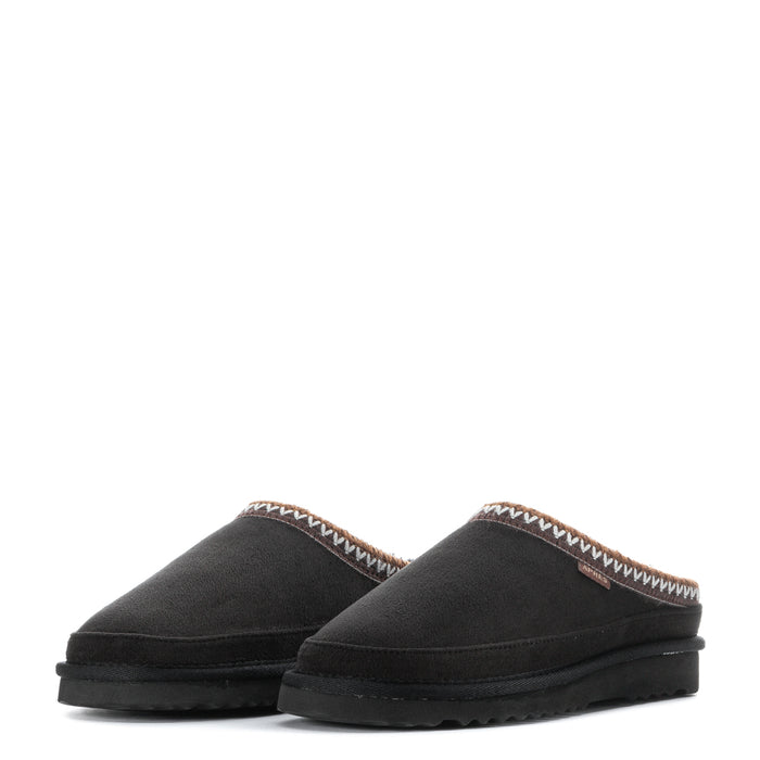 Women’s black slip-on slippers pair view with zigzag trim along the collar