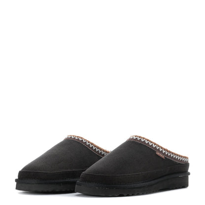 Women’s black slip-on slippers pair view with zigzag trim along the collar