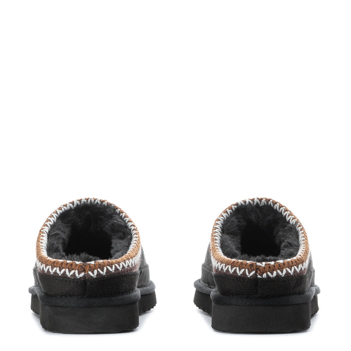Women’s black slipper pair heel view with fuzzy lined collar