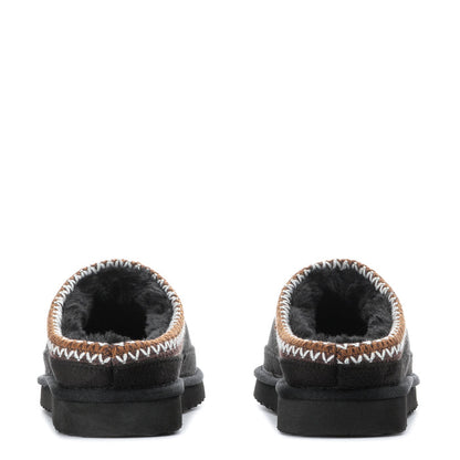 Women’s black slipper pair heel view with fuzzy lined collar