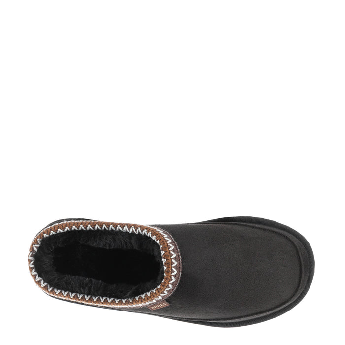 Women’s black slip-on slipper with open faux-fur collar and smooth upper