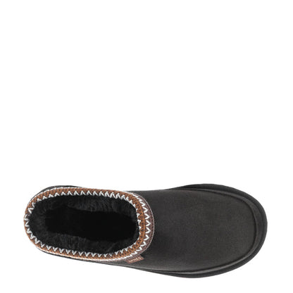 Women’s black slip-on slipper with open faux-fur collar and smooth upper