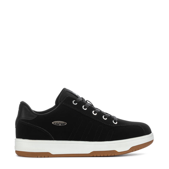 Men's black lace-up low-top sneakers with white sole and gum outsole trim