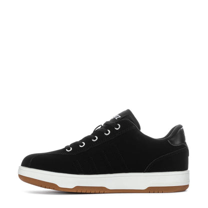 Men's black lace-up low-top sneakers, side view, white sole with gum outsole