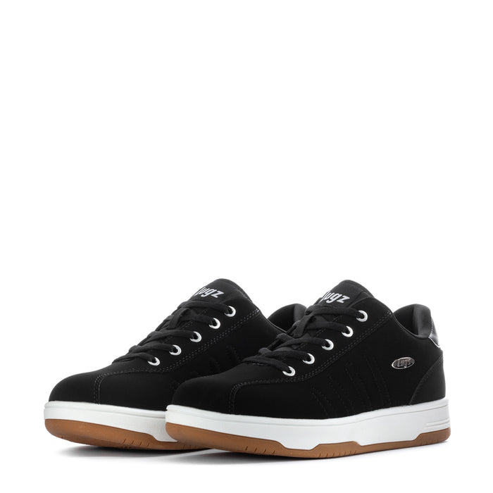 Men's black lace-up low-top sneakers, pair view, white midsole and gum outsole