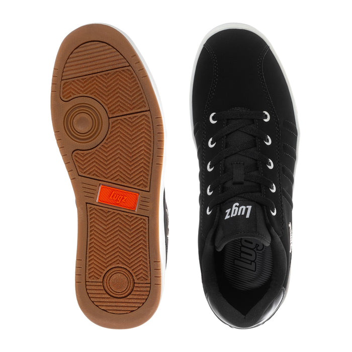 Men's sneakers outsole view: gum rubber sole and black upper with lace eyelets