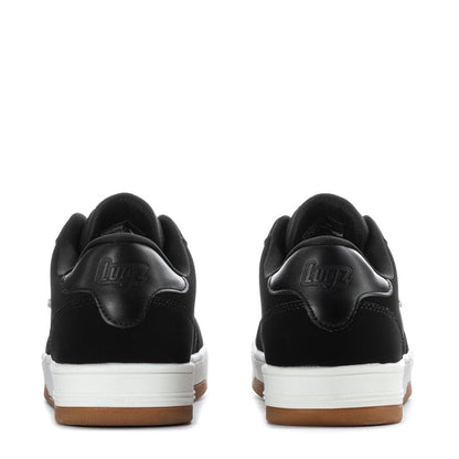 Men's black low-top sneakers, rear view, heel logo and white sole with gum base
