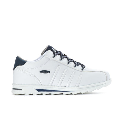 Men's white low-top sneakers with navy heel and lace trim