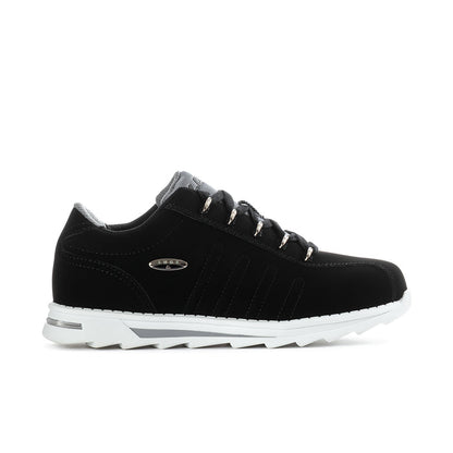 Black low-top lace-up sneakers with white sole and cushioned collar