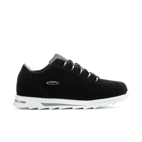 Black low-top lace-up sneakers with white sole and cushioned collar