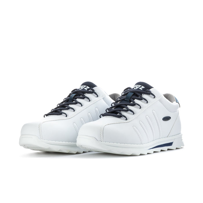 Men's white low-top sneakers with navy laces and side stripe details