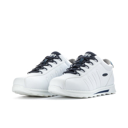 Men's white low-top sneakers with navy laces and side stripe details