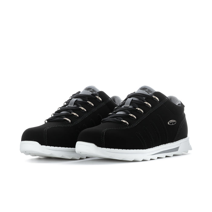 Black lace-up sneakers pair with white midsole and textured outsoles