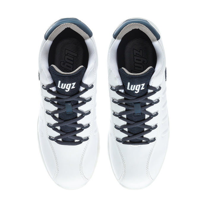 Lugz men's white sneakers with navy laces; 'Lugz' logo on tongue