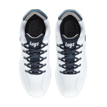 Lugz men's white sneakers with navy laces; 'Lugz' logo on tongue