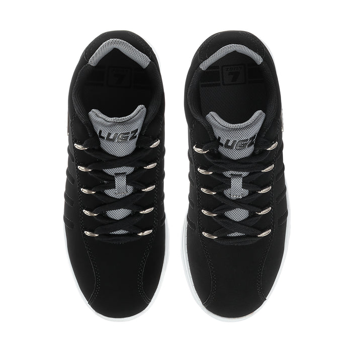 Black lace-up sneakers with gray interior lining and padded tongue