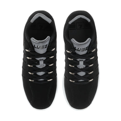 Black lace-up sneakers with gray interior lining and padded tongue