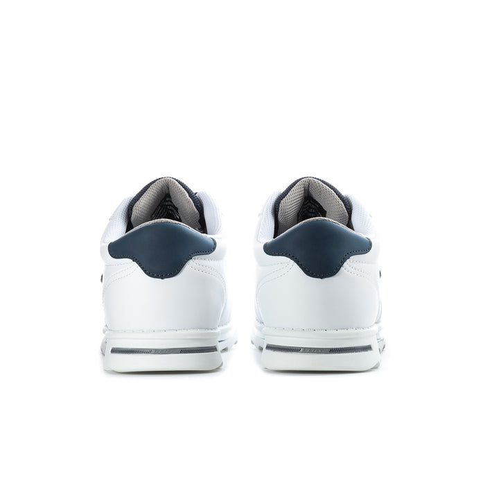 Men's white low-top sneakers with navy heel tab and heel pull