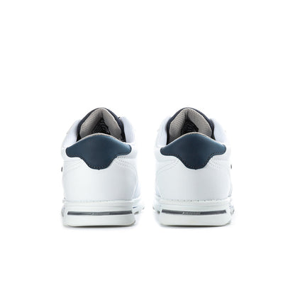 Men's white low-top sneakers with navy heel tab and heel pull