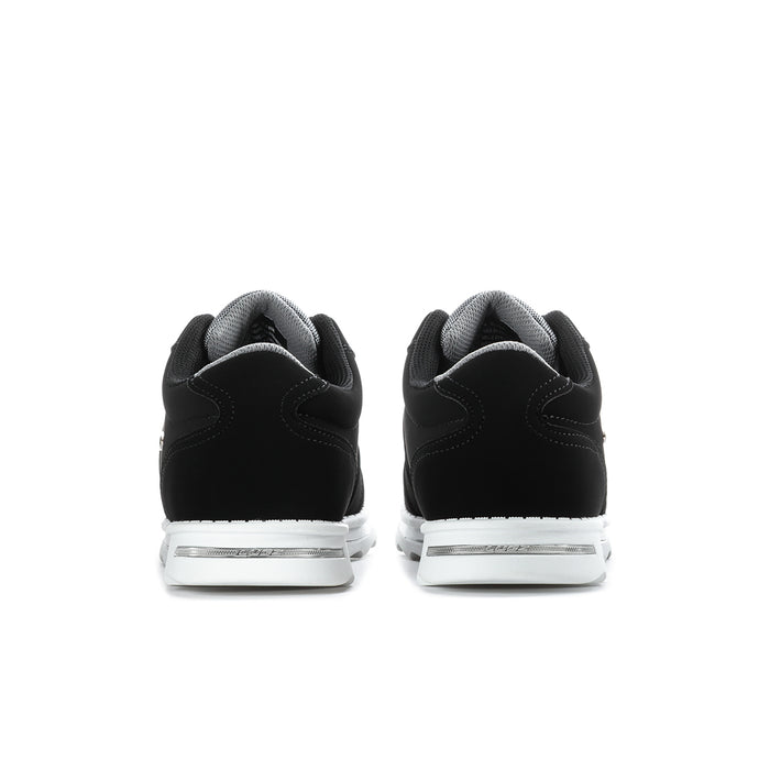 Black sneakers rear view with white heel accent and cushioned collar