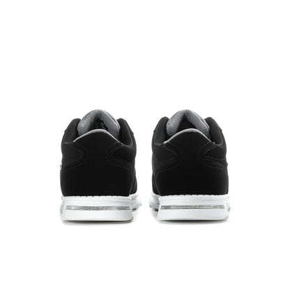 Black sneakers rear view with white heel accent and cushioned collar