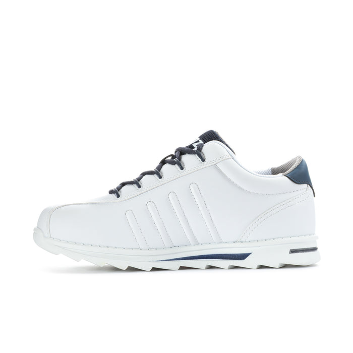 Men's white low-top sneakers with navy accents and black lace eyelets