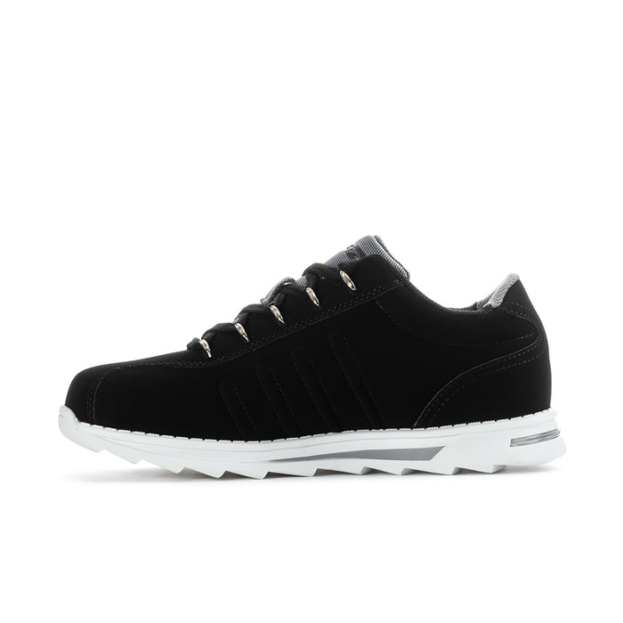 Black low-top lace-up sneakers with striped side panels and white sole