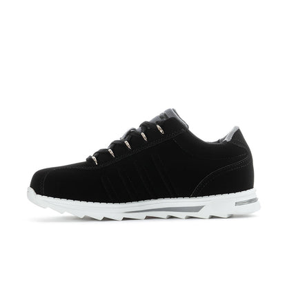 Black low-top lace-up sneakers with striped side panels and white sole