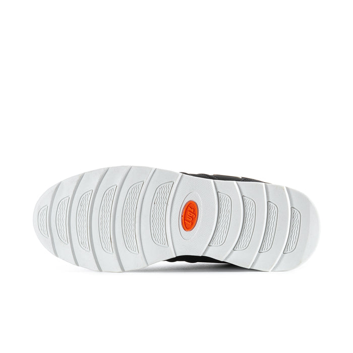 White rubber outsole with tread pattern and small orange brand mark