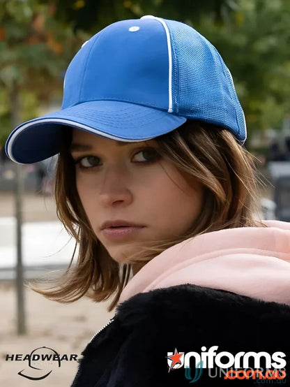 Blue and white baseball cap from Chino Twill with High Tech Mesh, perfect for work uniforms