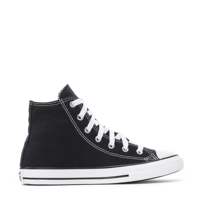 Kids' black high-top canvas sneakers with white laces and rubber toe cap