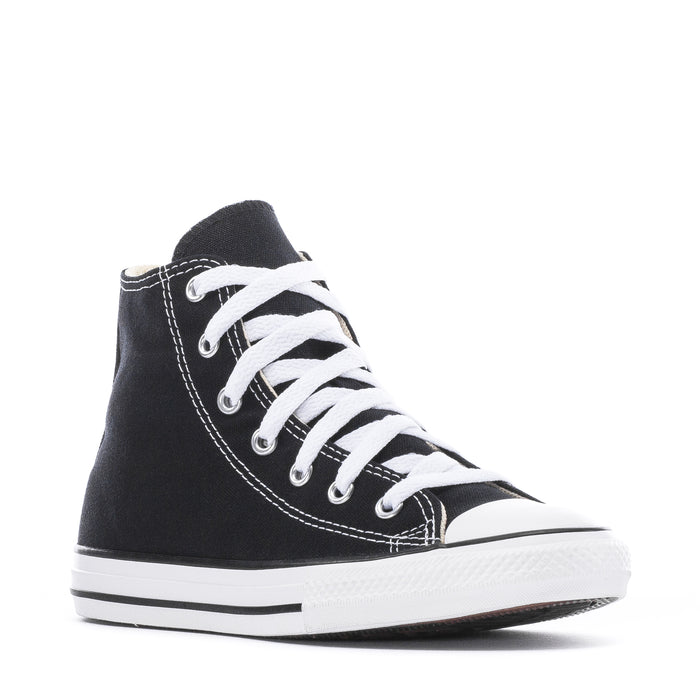 Kids' black high-top sneakers with white lace-up front and white rubber midsole