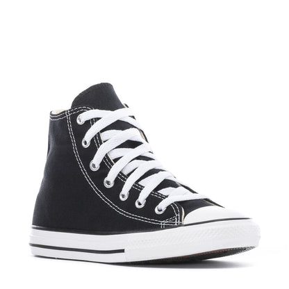 Kids' black high-top sneakers with white lace-up front and white rubber midsole