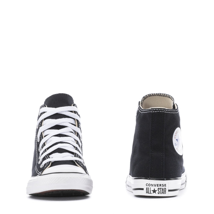 Kids' black high-top sneakers, rear view with Converse All Star logo on heel