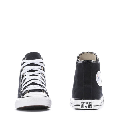 Kids' black high-top sneakers, rear view with Converse All Star logo on heel