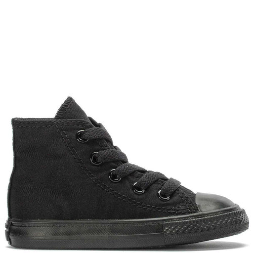 Toddler black high-top canvas sneaker in lace-up style with rubber toe cap