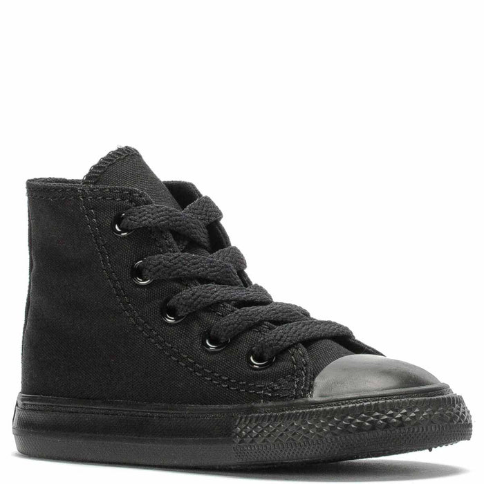 Toddler black high-top canvas sneaker with lace-up front and rubber toe cap