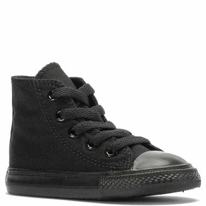 Toddler black high-top canvas sneaker with lace-up front and rubber toe cap