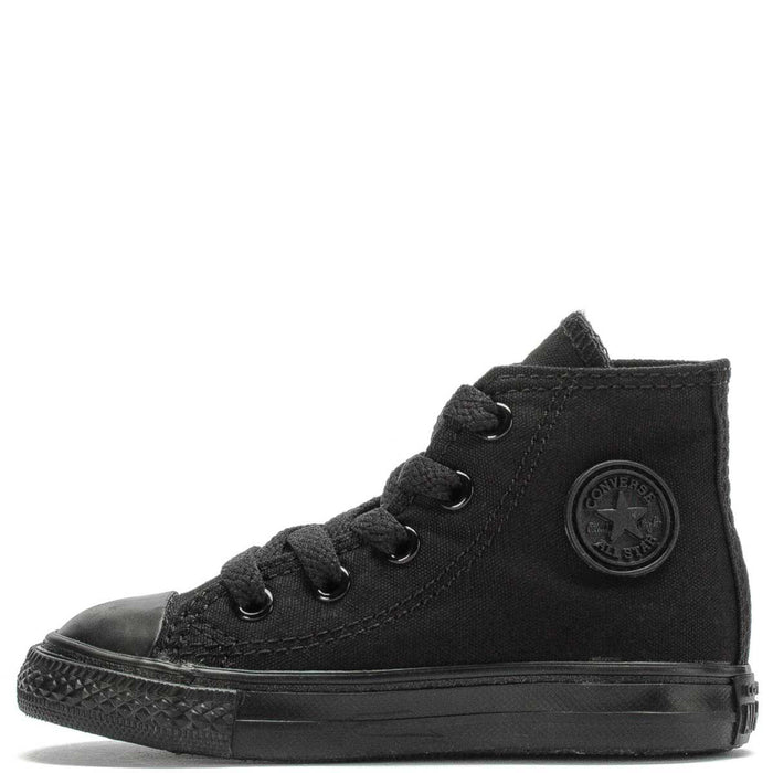 Toddler black high-top sneaker with lace-up front and Converse side patch