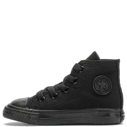 Toddler black high-top sneaker with lace-up front and Converse side patch