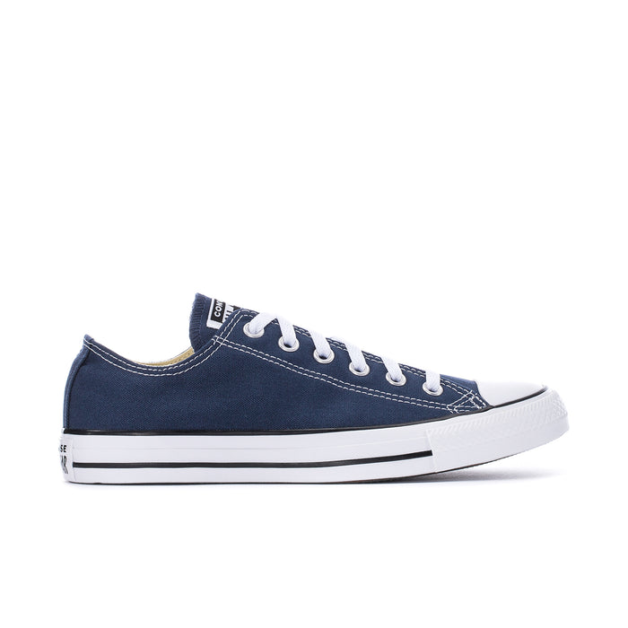 Men's navy canvas low-top sneakers with white rubber toe and black stripe sole