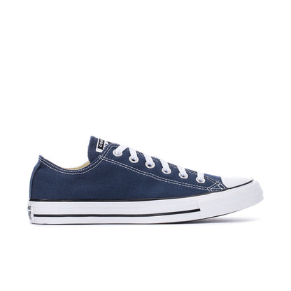 Men's navy canvas low-top sneakers with white rubber toe and black stripe sole