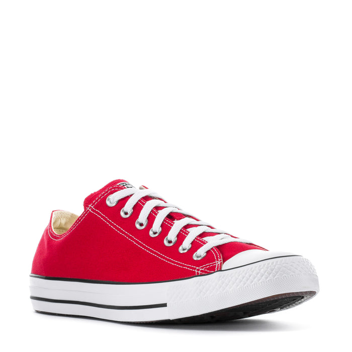 Red Converse low-top sneaker, side view with white laces and rubber sole
