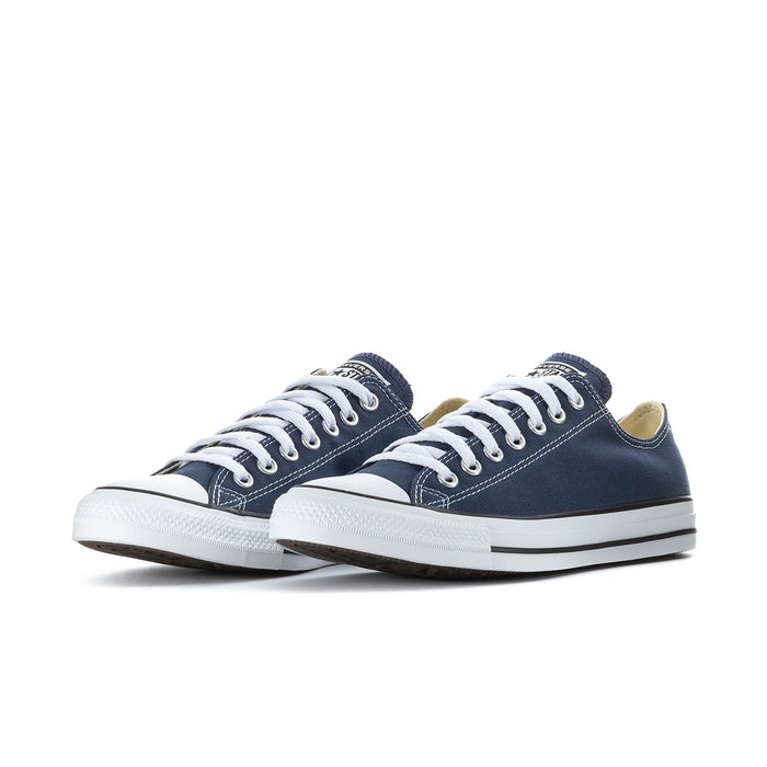 Men's navy canvas low-top sneakers with white laces and rubber toe cap