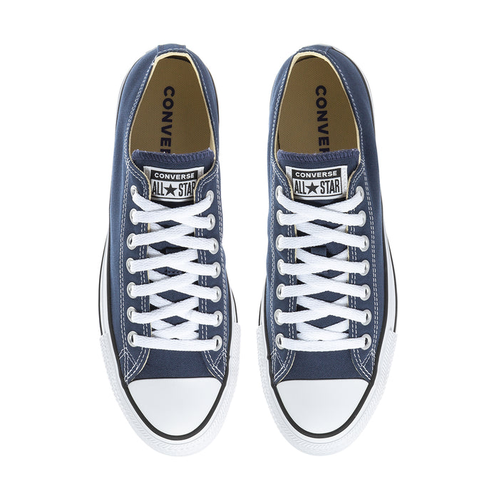 Men's navy canvas low-top sneakers with Converse All Star tongue patch and white laces