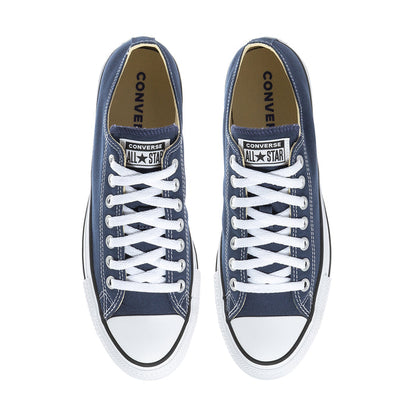 Men's navy canvas low-top sneakers with Converse All Star tongue patch and white laces